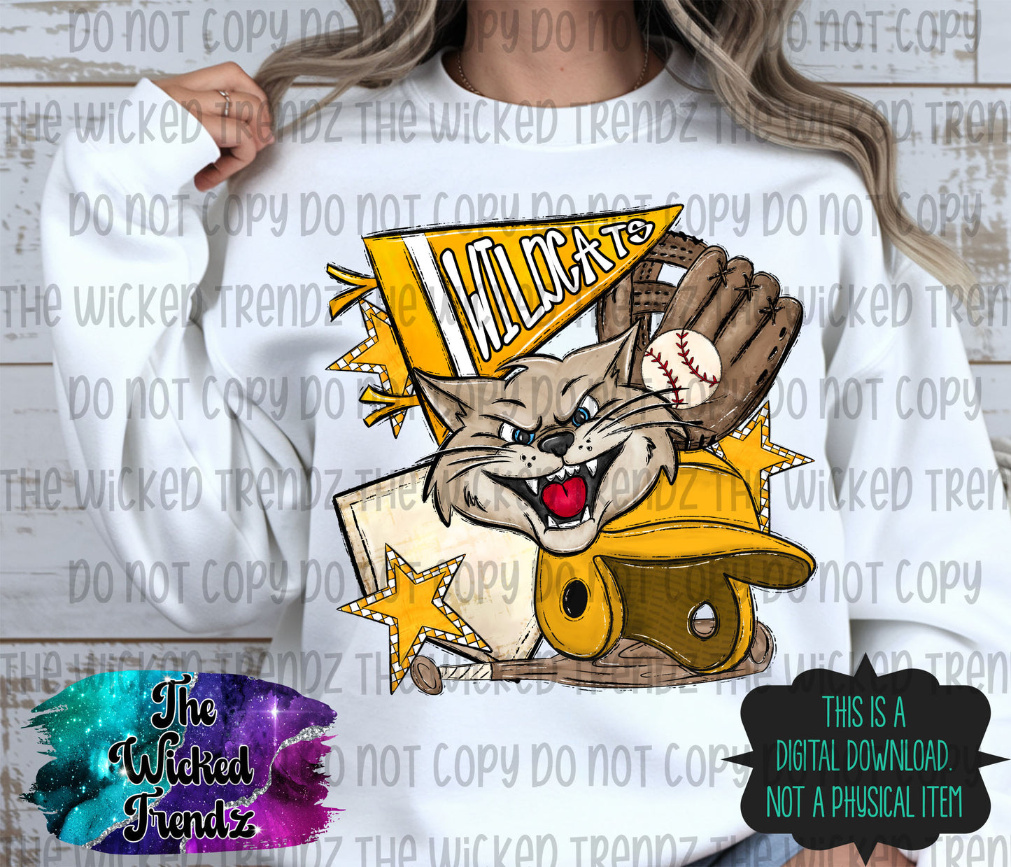 Wildcats Yellow Baseball Team Mascot Digital Design