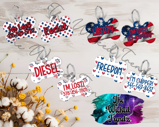 American Flag Red White Blue 4th Of July Pet ID Dog Tag Personalized Custom Dog Name Phone Number