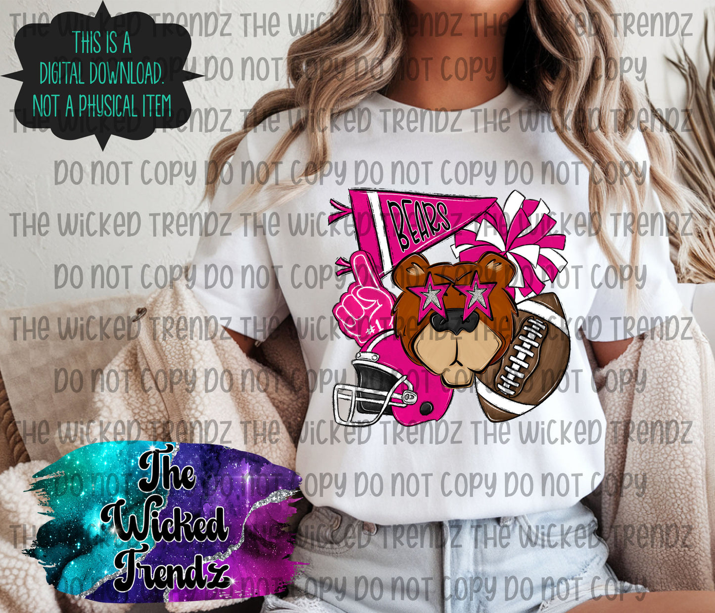 Bears Pink Out Football Cheer Mascot Digital Design October Awareness