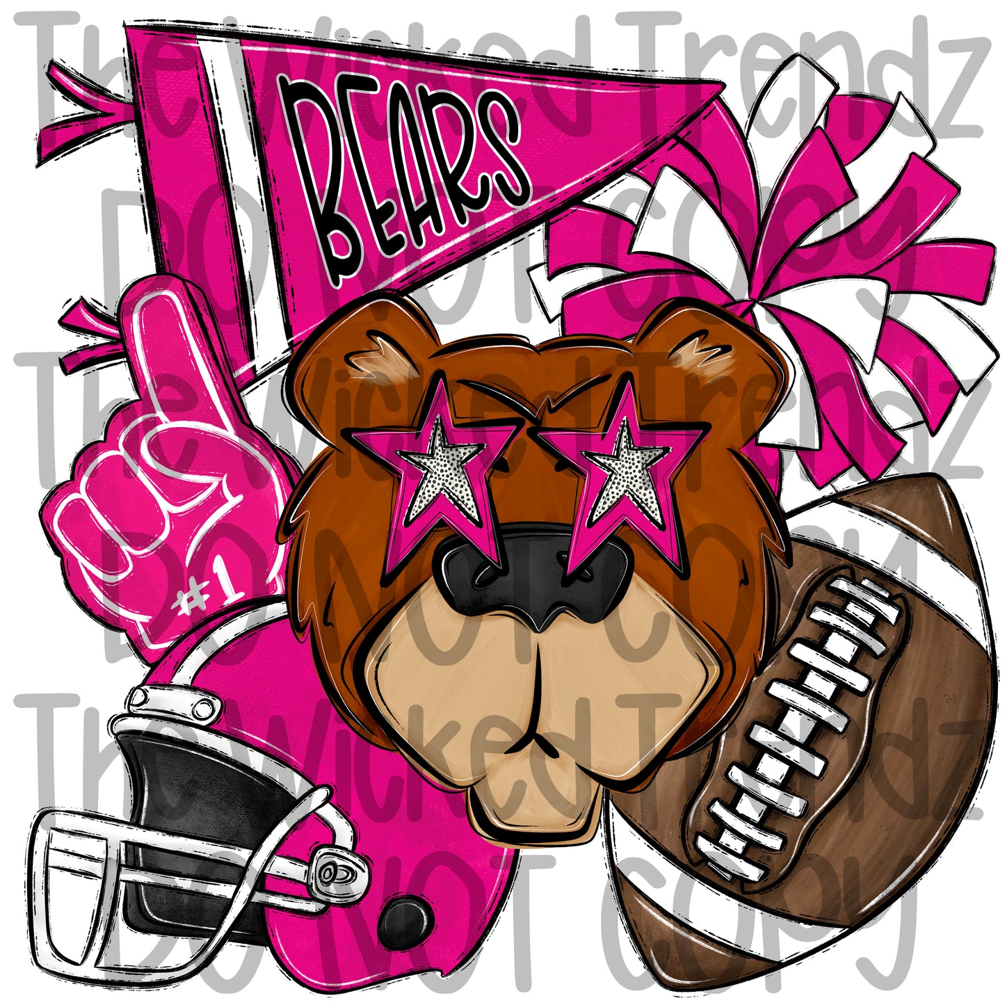 Bears Pink Out Football Cheer Mascot Digital Design October Awareness