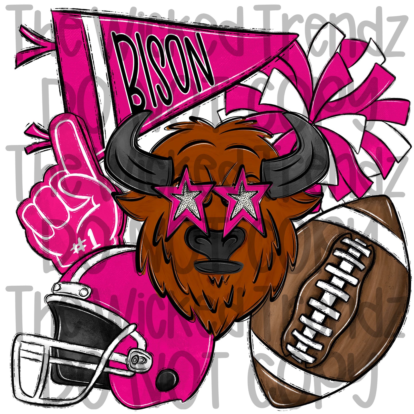 Bison Pink Out Football Cheer Mascot Digital Design October Awareness