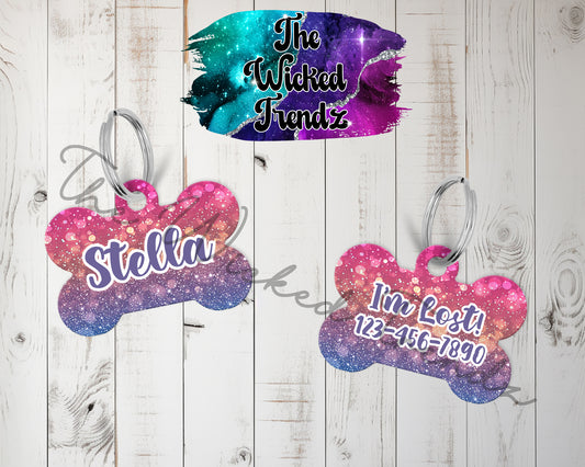Pink and Purple Glitter Sparkles Girl Dog Puppy Pet ID Dog Tag Personalized Custom Dog Name Phone Number