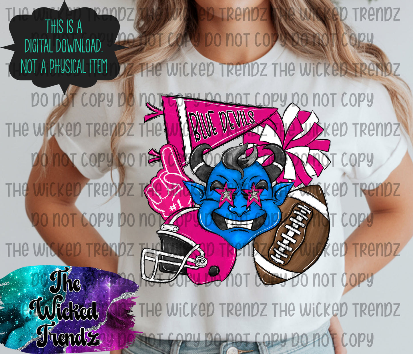 Blue Devils Pink Out Football Cheer Mascot Digital Design October Awareness
