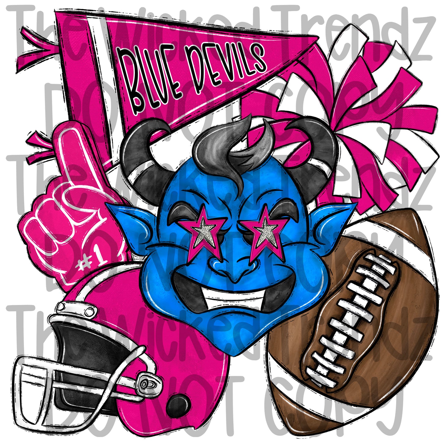 Blue Devils Pink Out Football Cheer Mascot Digital Design October Awareness
