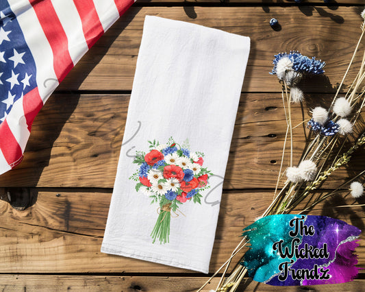 July 4th Red White Blue Floral Bouquet Tea Towel Kitchen Towel Flour Sack Towel