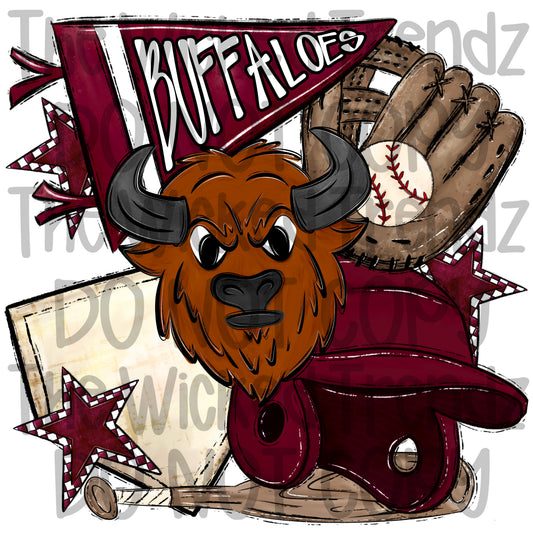 Buffaloes Maroon Baseball Team Mascot Digital Design