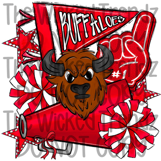 Buffaloes Red Cheer Cheerleading Cheerleader Mascot Digital Design Spirit Shirt Design