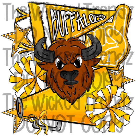 Buffaloes Yellow Cheer Cheerleading Cheerleader Mascot Digital Design Spirit Shirt Design