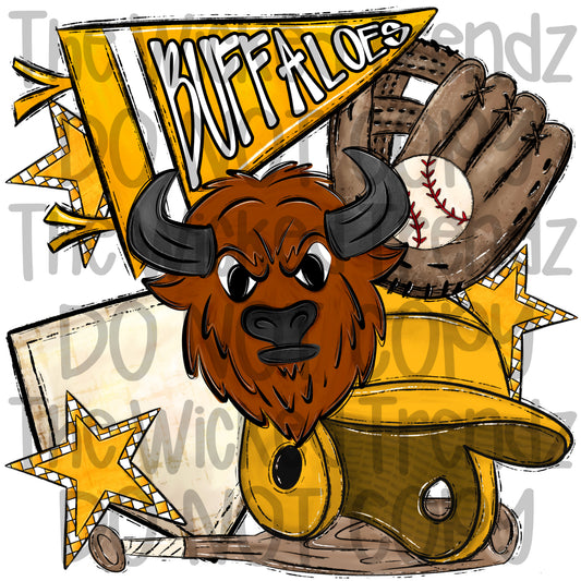 Buffaloes Yellow Baseball Team Mascot Digital Design