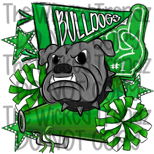 Bulldogs Green Cheer Cheerleading Cheerleader Mascot Digital Design Spirit Shirt Design