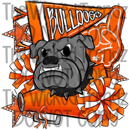 Bulldogs Orange Cheer Cheerleading Cheerleader Mascot Digital Design Spirit Shirt Design