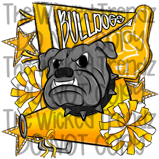 Bulldogs Yellow Cheer Cheerleading Cheerleader Mascot Digital Design Spirit Shirt Design