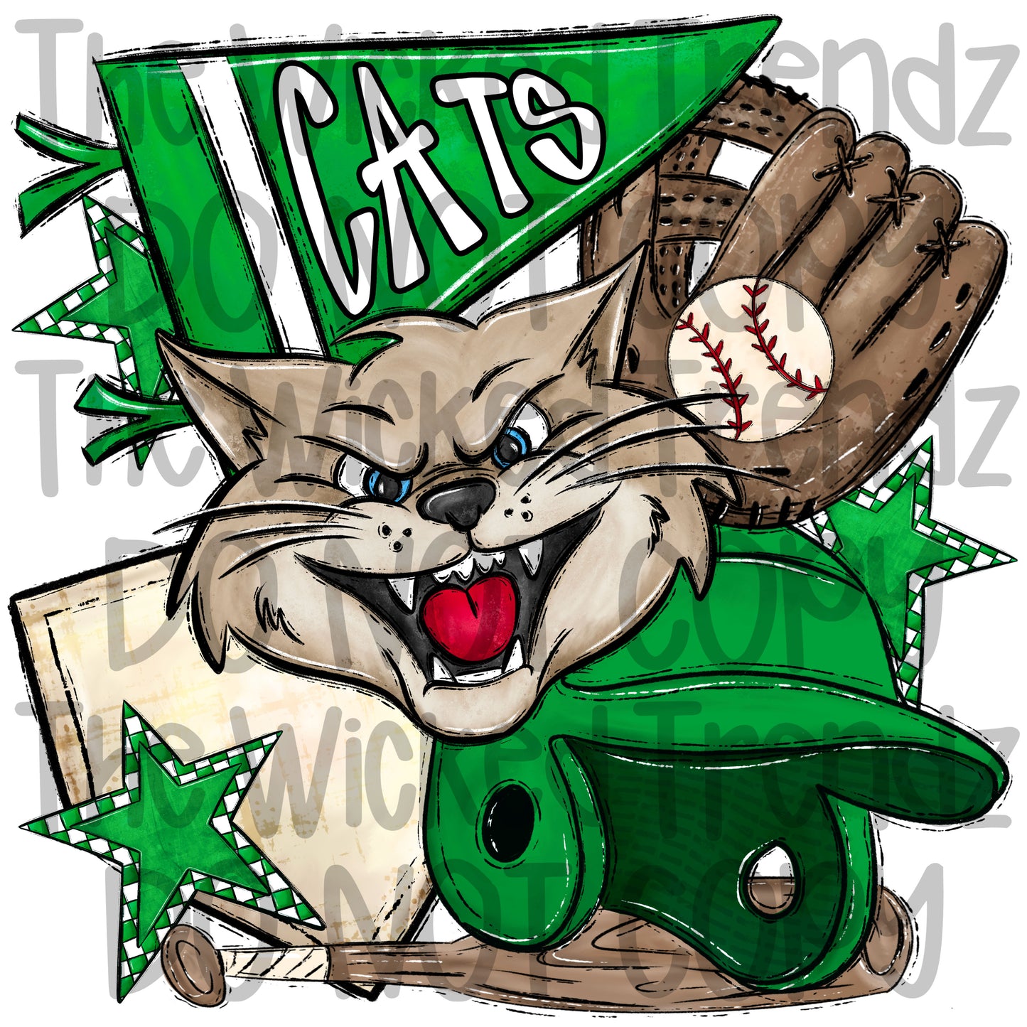 Cats Green Baseball Team Mascot Digital Design