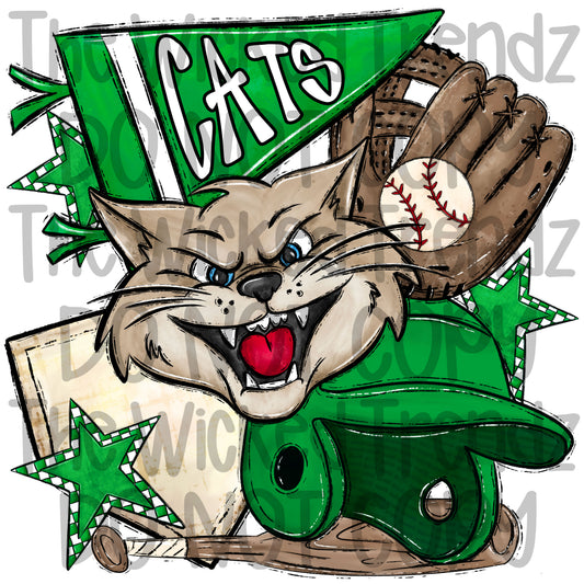 Cats Green Baseball Team Mascot Digital Design