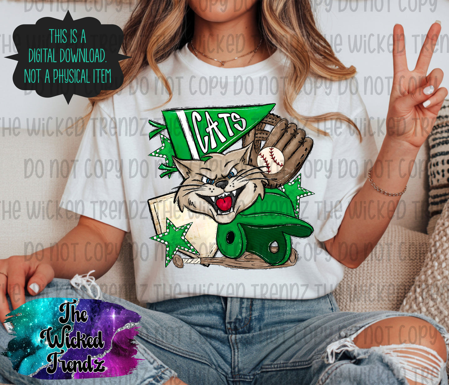 Cats Green Baseball Team Mascot Digital Design