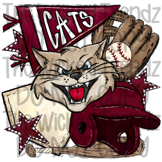 Cats Maroon Baseball Team Mascot Digital Design