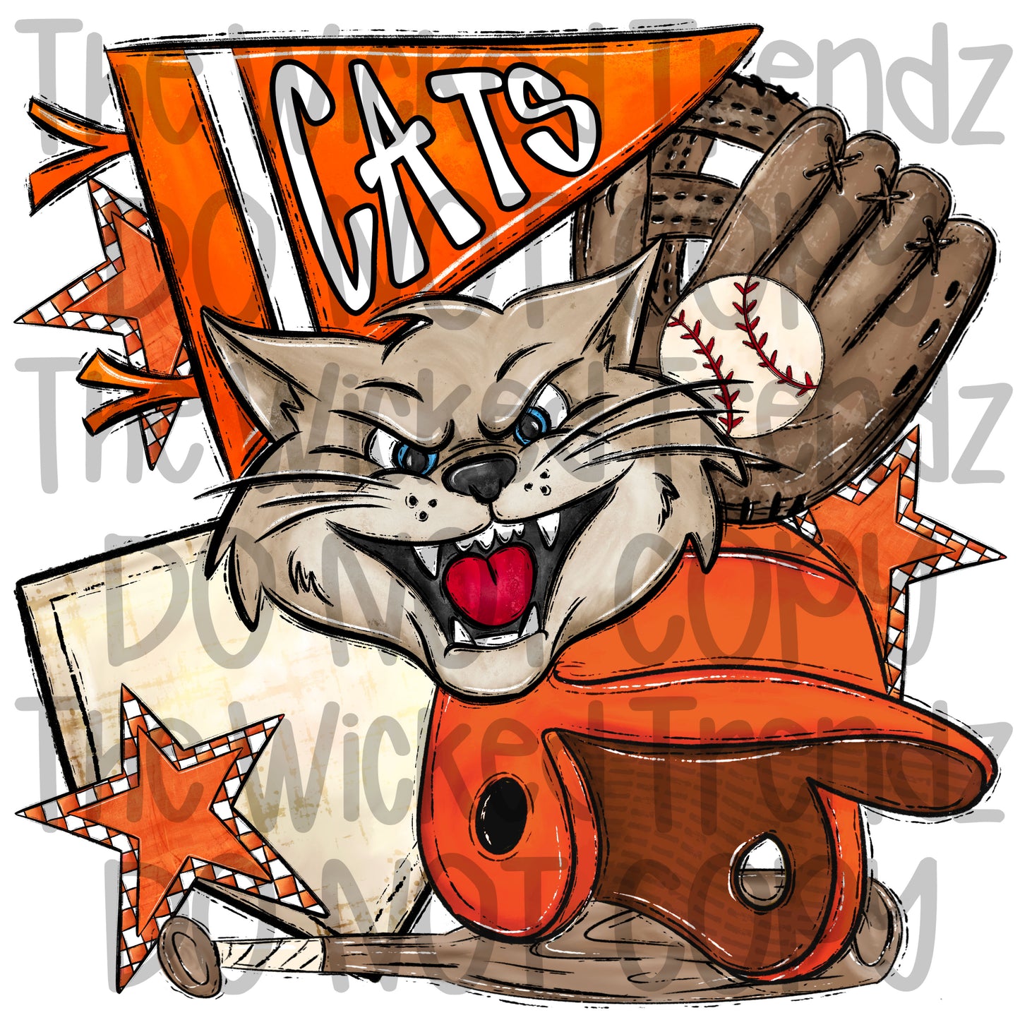 Cats Orange Baseball Team Mascot Digital Design