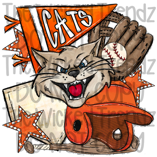 Cats Orange Baseball Team Mascot Digital Design