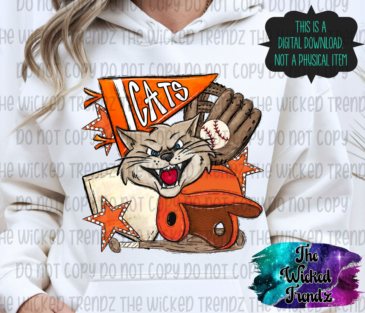 Cats Orange Baseball Team Mascot Digital Design