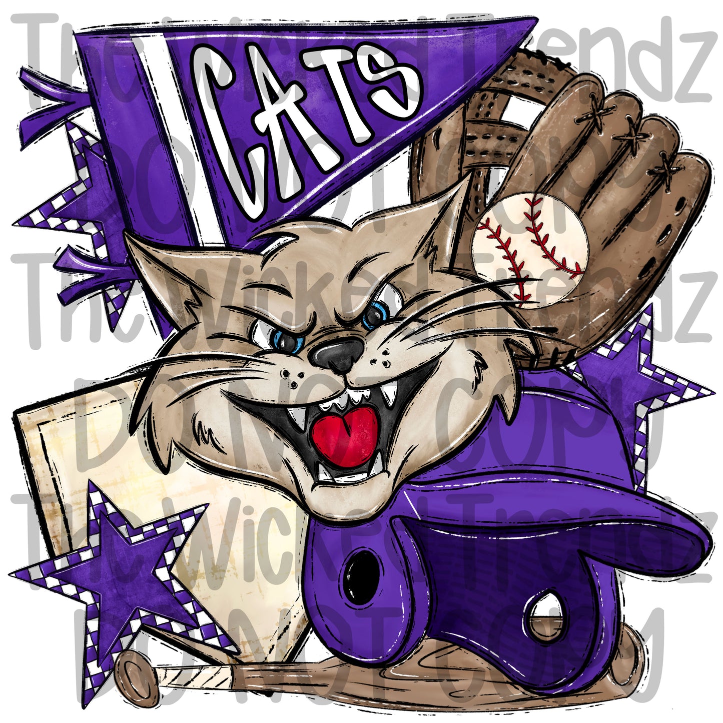 Cats Purple Baseball Team Mascot Digital Design