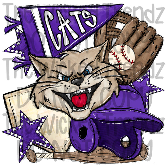 Cats Purple Baseball Team Mascot Digital Design
