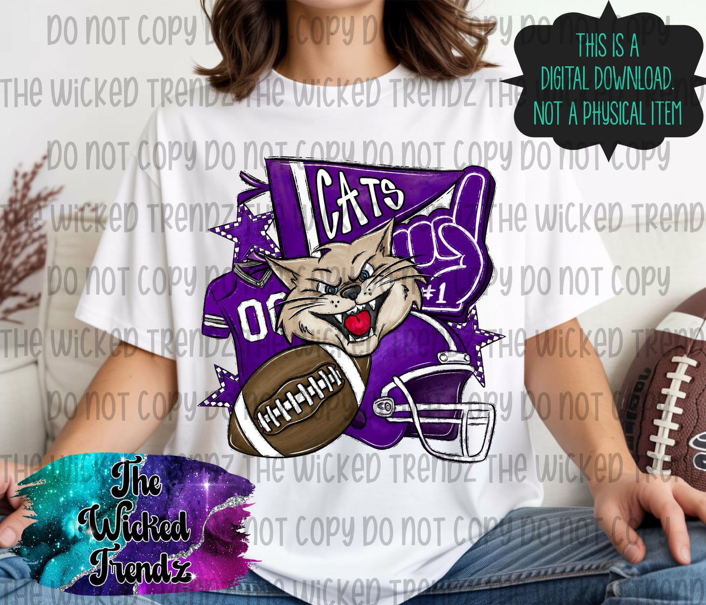 Purple Cats Football Mascot Digital Design