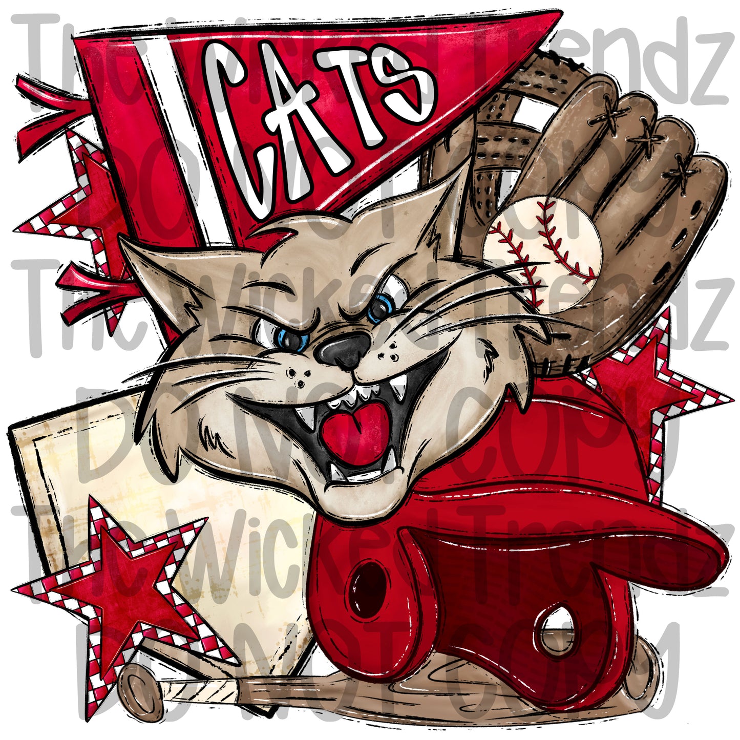 Cats Red Baseball Team Mascot Digital Design