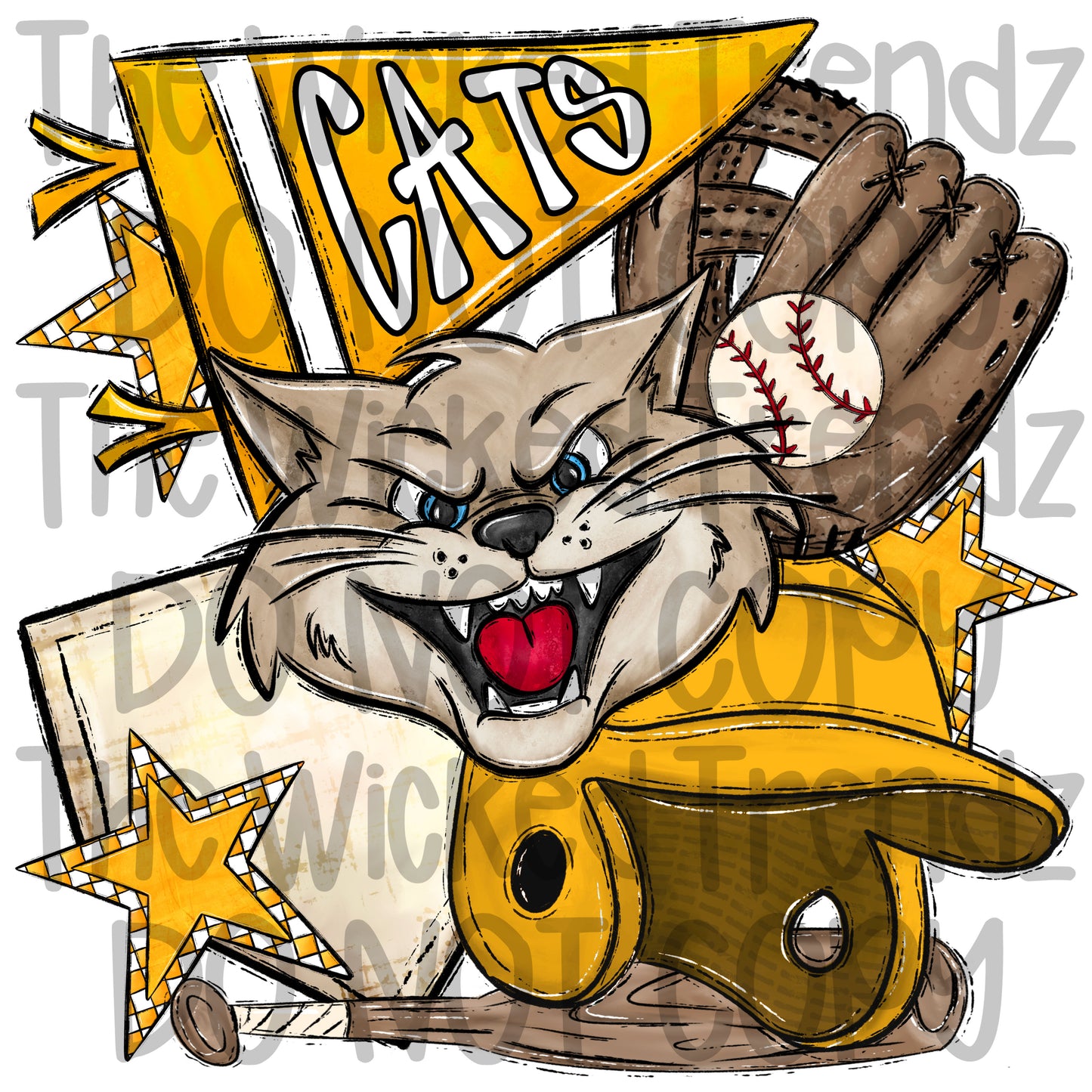 Cats Yellow Baseball Team Mascot Digital Design