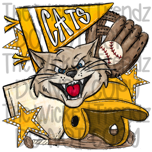 Cats Yellow Baseball Team Mascot Digital Design