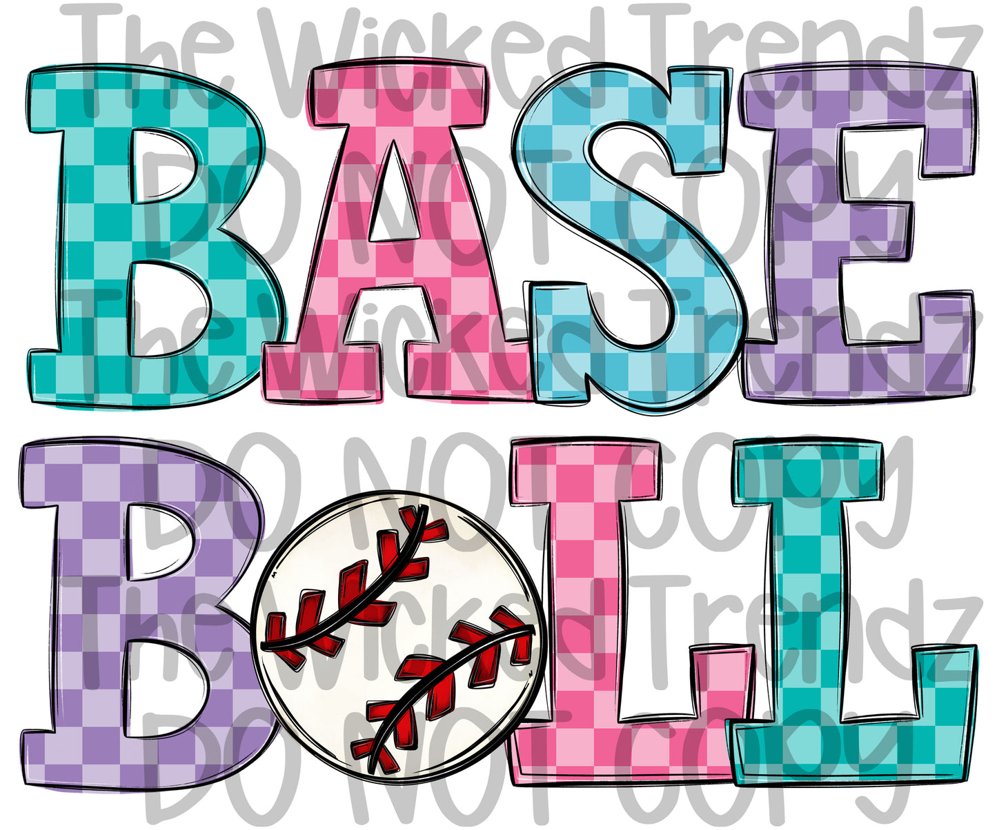 Pink Purple Teal Blue Checkered Baseball Team Digital Design