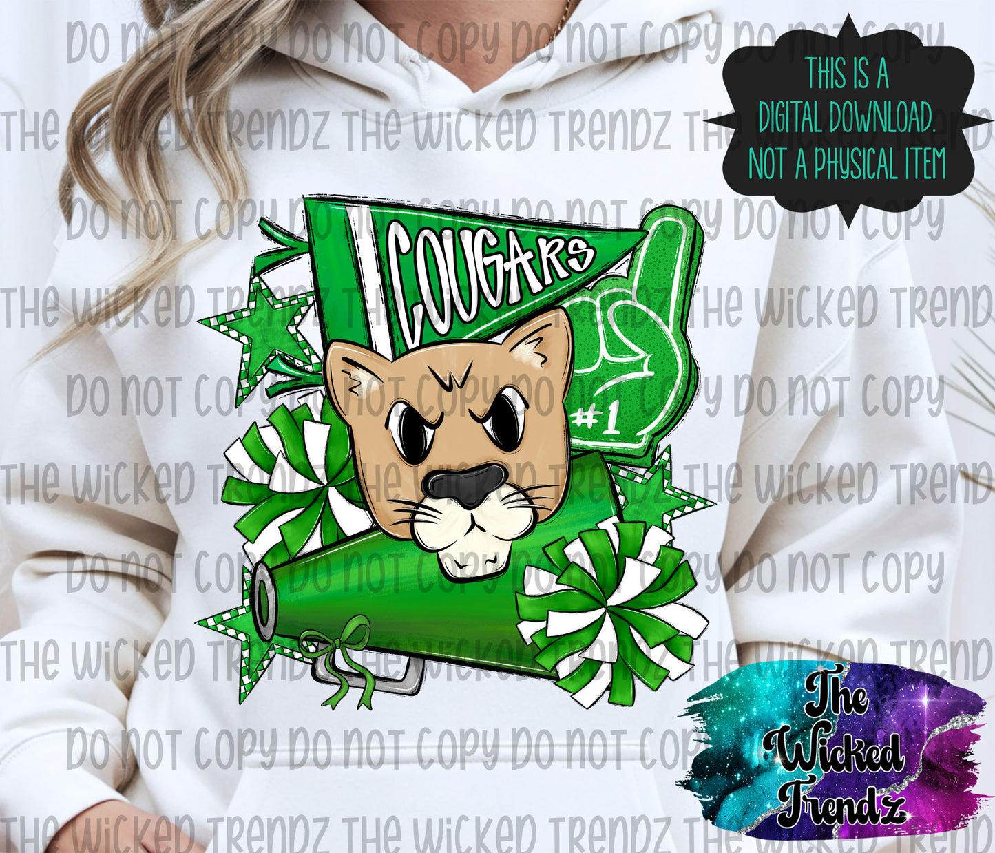 Cougars Green Cheer Cheerleading Cheerleader Mascot Digital Design Spirit Shirt Design