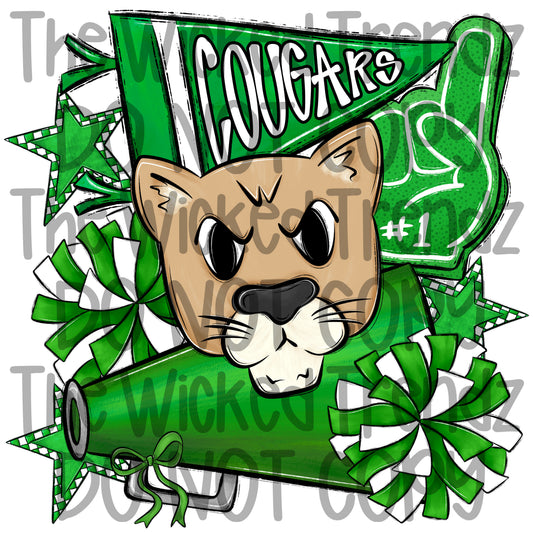 Cougars Green Cheer Cheerleading Cheerleader Mascot Digital Design Spirit Shirt Design