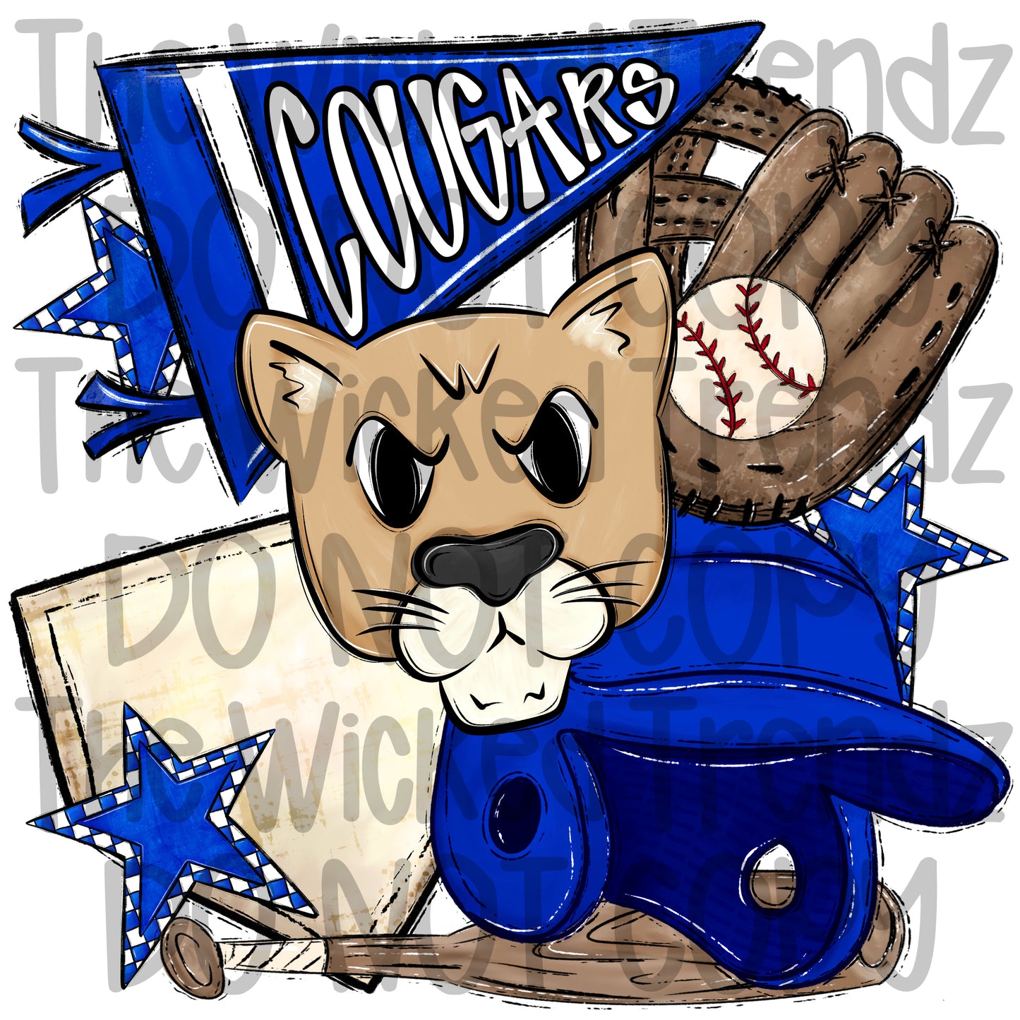 Cougars Blue Baseball Team Mascot Digital Design