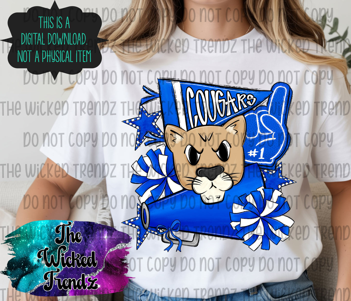 Cougars Blue Cheer Cheerleading Cheerleader Mascot Digital Design Spirit Shirt Design