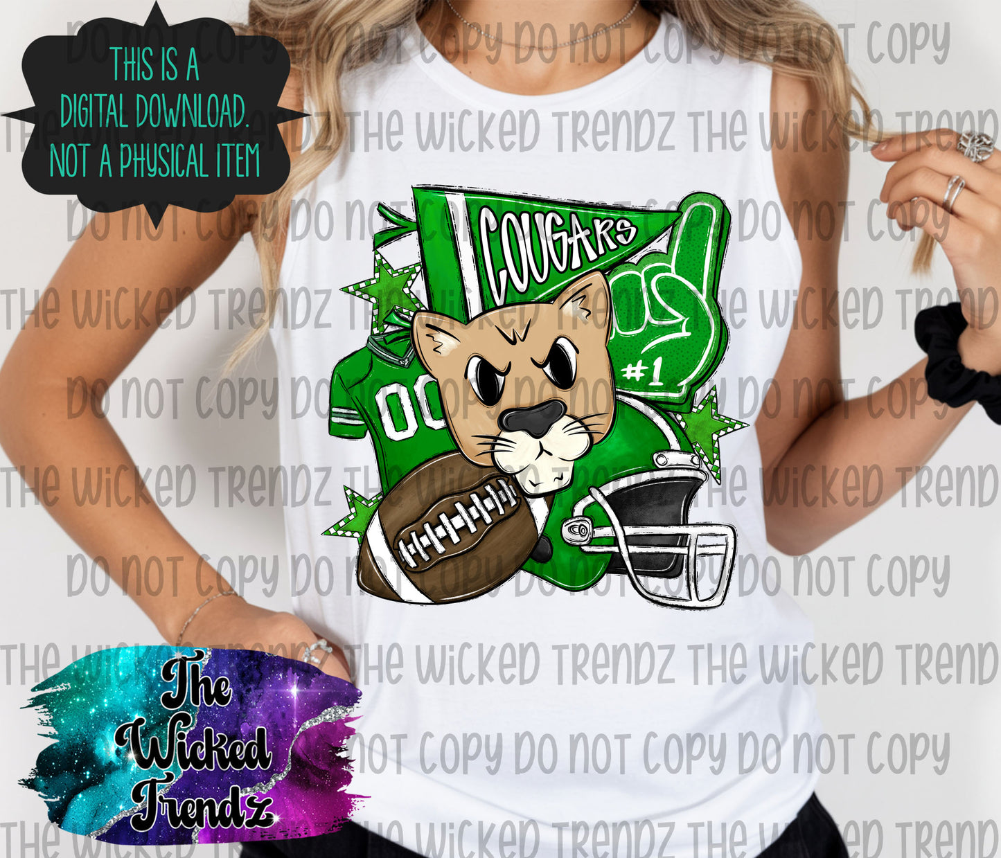 Green Cougars Football Mascot Digital Design