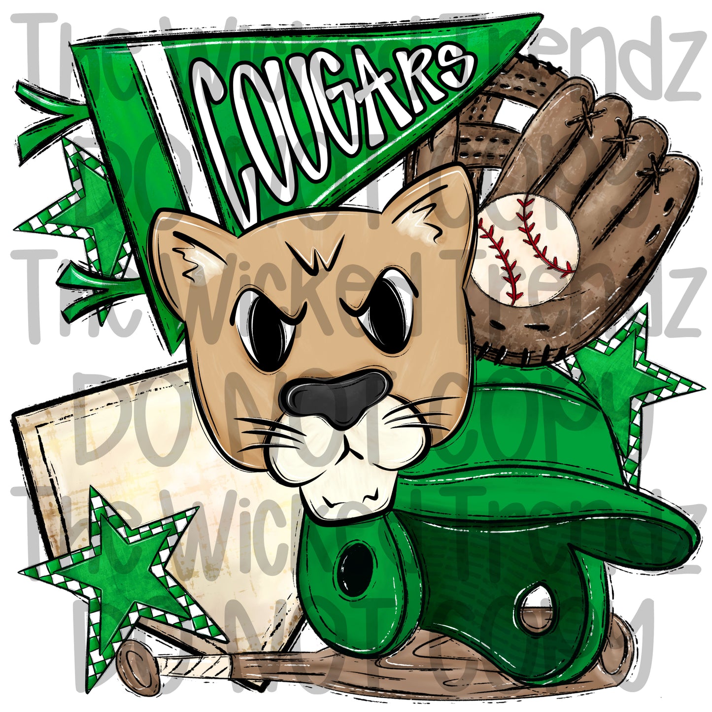 Cougars Green Baseball Team Mascot Digital Design