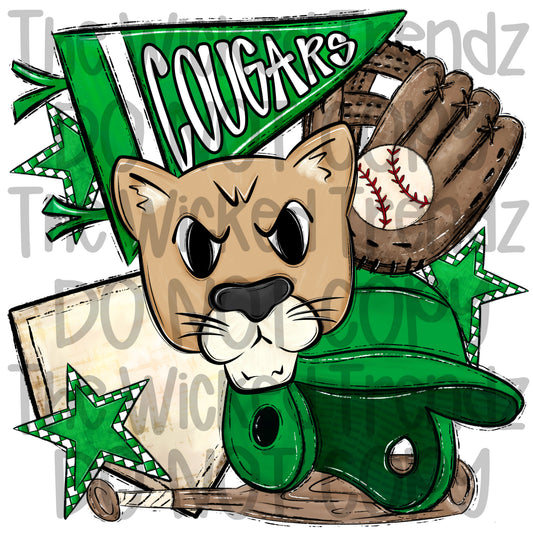 Cougars Green Baseball Team Mascot Digital Design
