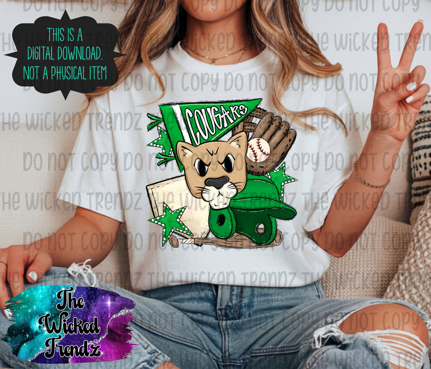Cougars Green Baseball Team Mascot Digital Design