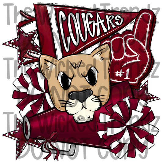 Cougars Maroon Cheer Cheerleading Cheerleader Mascot Digital Design Spirit Shirt Design