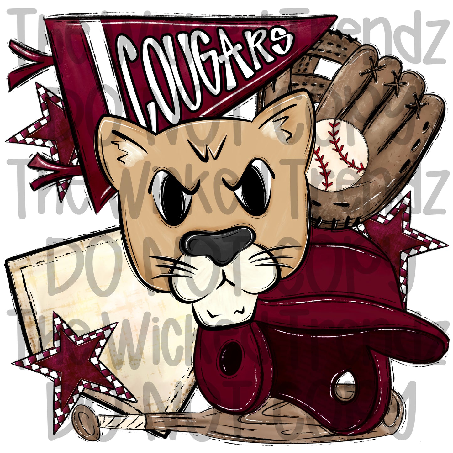 Cougars Maroon Baseball Team Mascot Digital Design