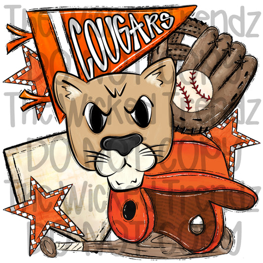 Cougars Orange Baseball Team Mascot Digital Design