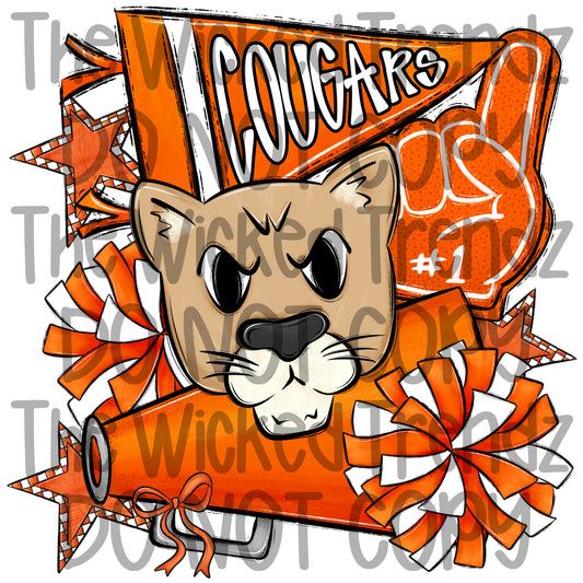 Cougars Orange Cheer Cheerleading Cheerleader Mascot Digital Design Spirit Shirt Design