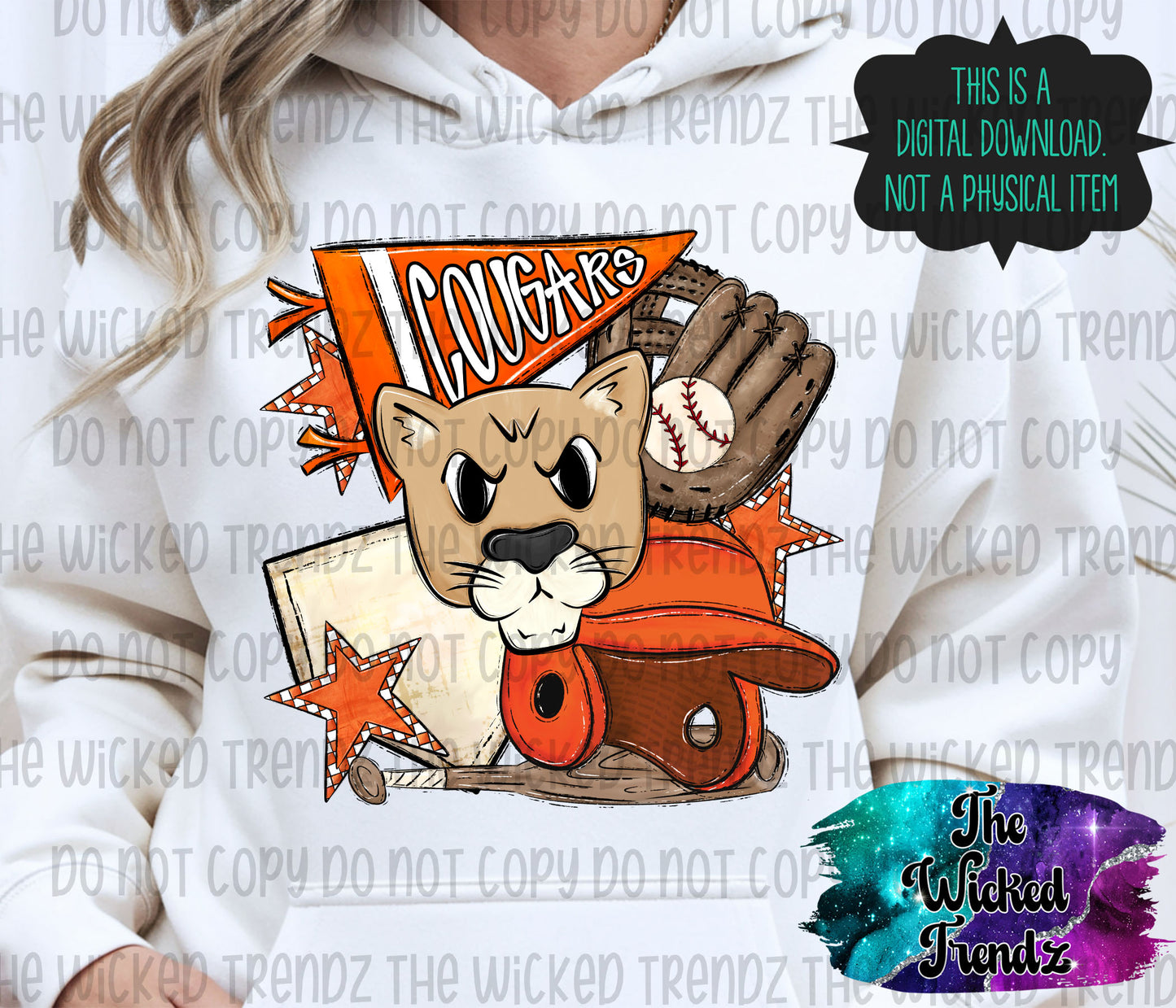 Cougars Orange Baseball Team Mascot Digital Design