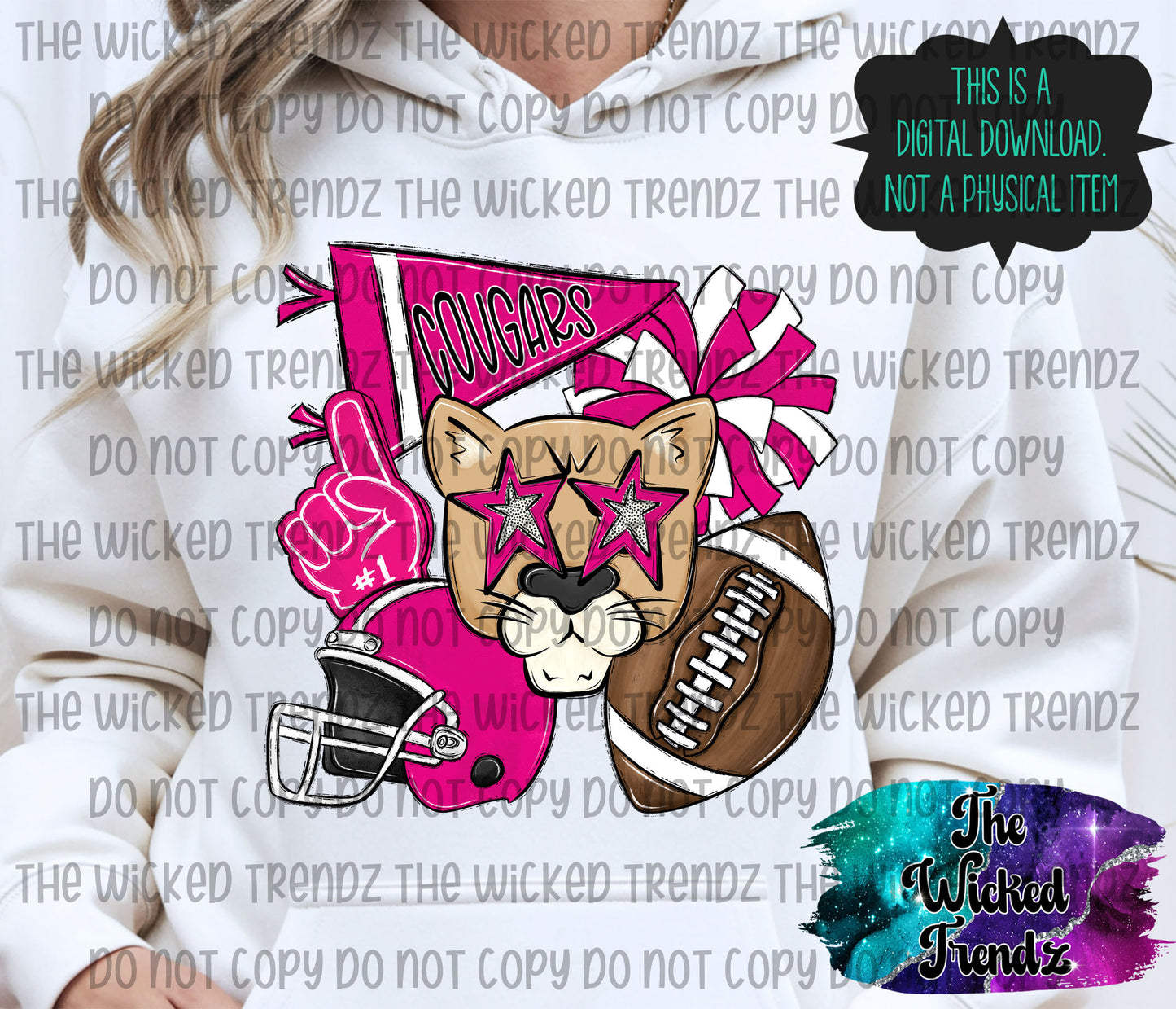Cougars Pink Out Football Cheer Mascot Digital Design October Awareness