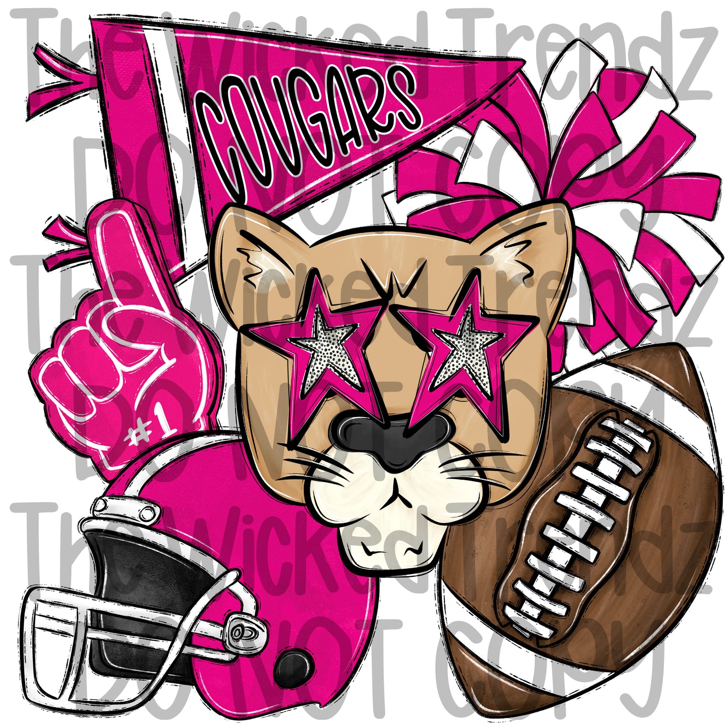 Cougars Pink Out Football Cheer Mascot Digital Design October Awareness