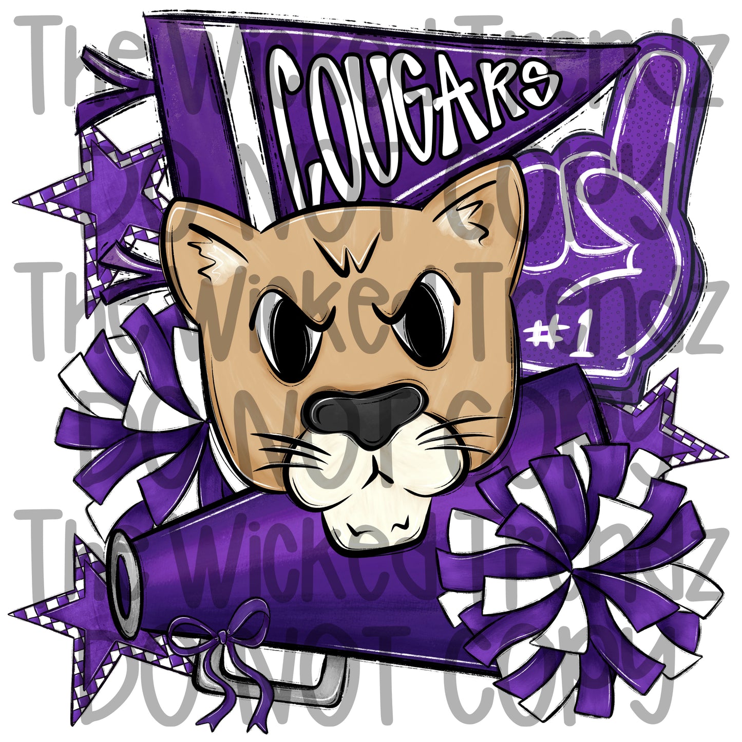 Cougars Purple Cheer Cheerleading Cheerleader Mascot Digital Design Spirit Shirt Design