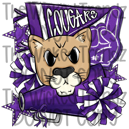 Cougars Purple Cheer Cheerleading Cheerleader Mascot Digital Design Spirit Shirt Design