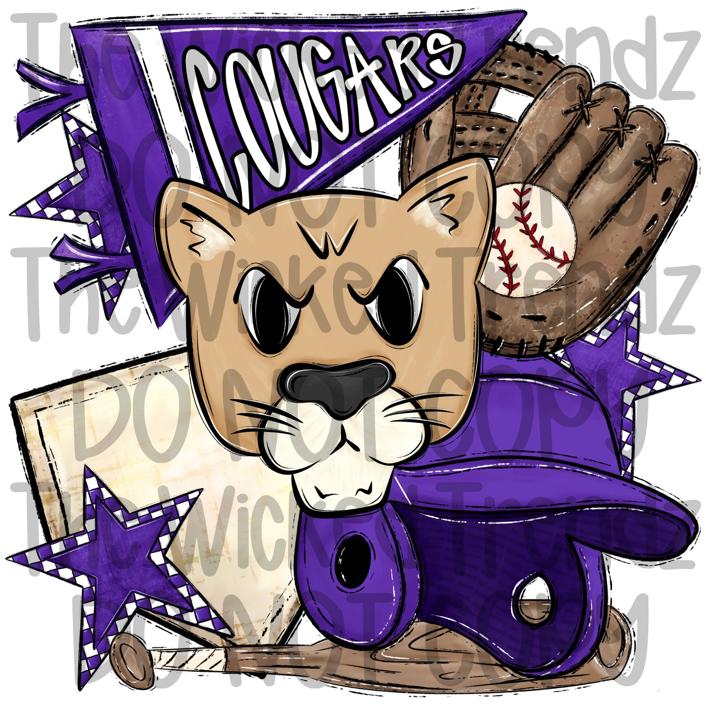 Cougars Purple Baseball Team Mascot Digital Design