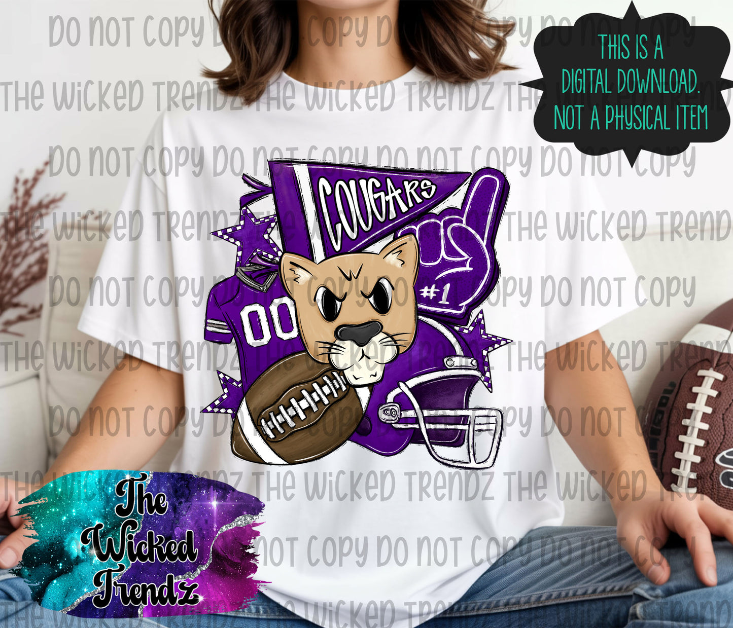 Purple Cougars Football Mascot Digital Design