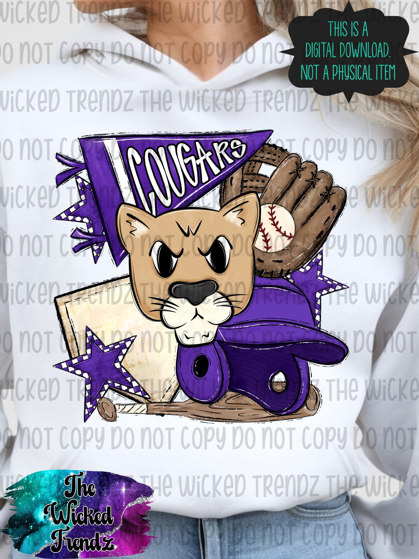 Cougars Purple Baseball Team Mascot Digital Design